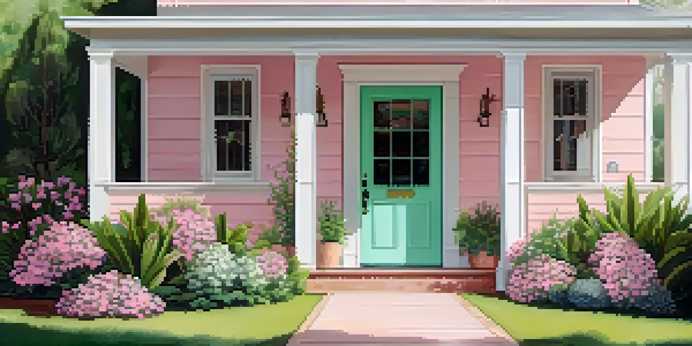 A spring-themed entryway with a blush pink door and floral wreath, featuring a mint green doormat and potted plants.