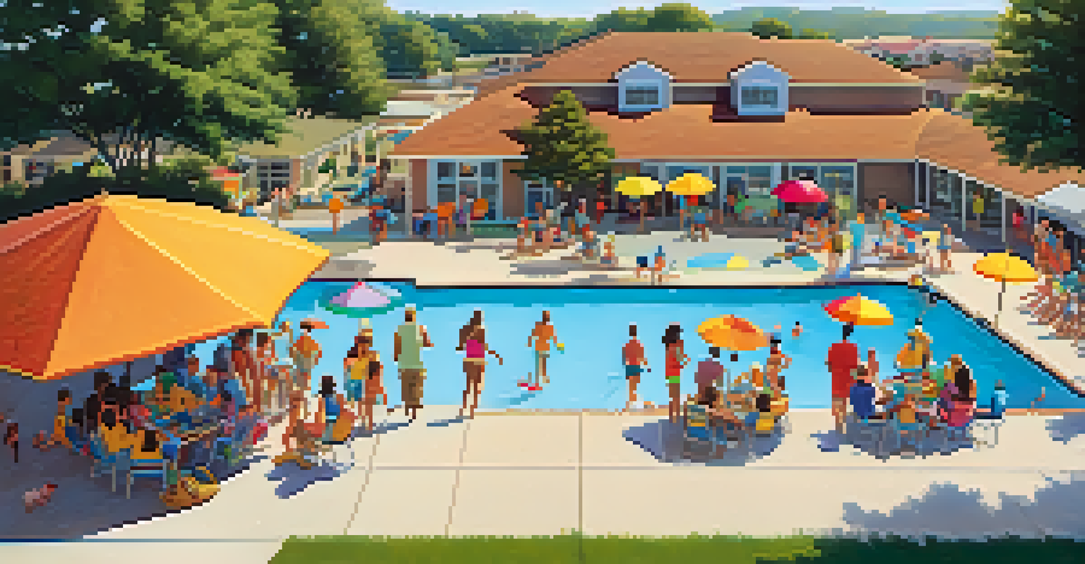An aerial view of people enjoying a community pool area, showcasing families and children in a lively atmosphere.