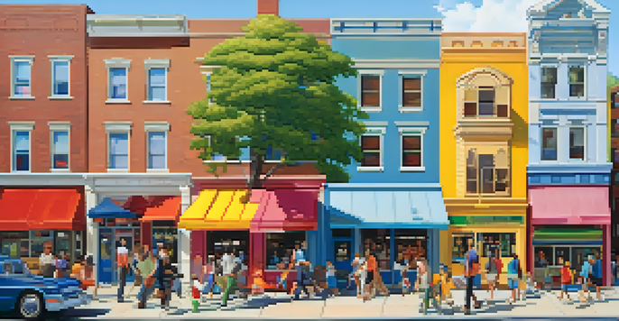 A lively urban neighborhood with residential buildings, parks, and local shops, filled with people enjoying the day.