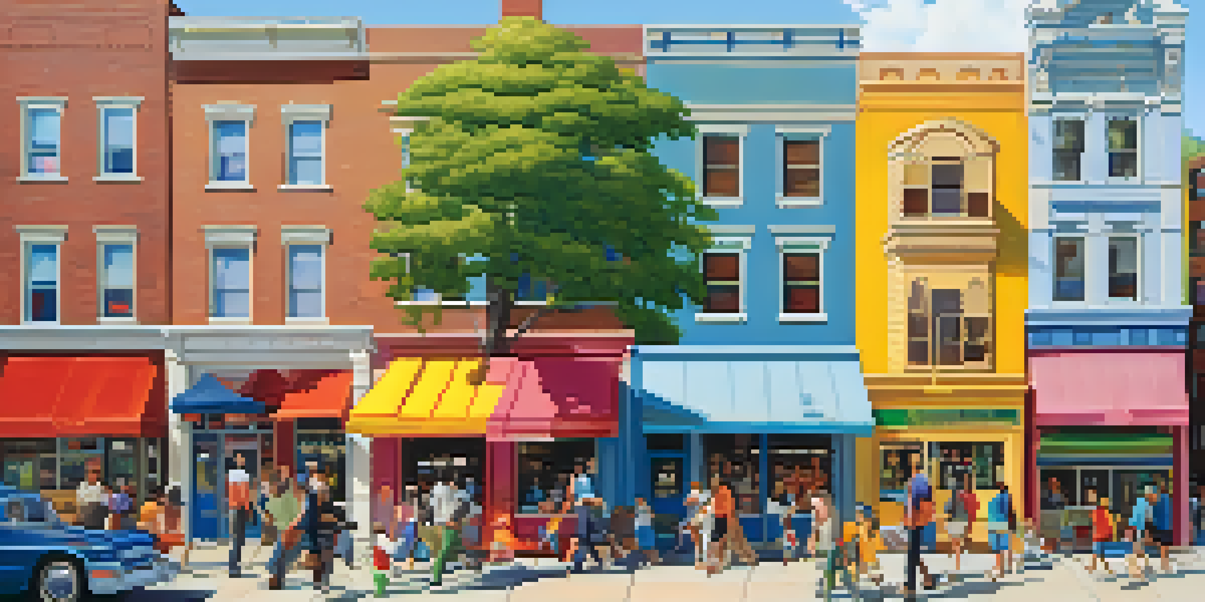 A lively urban neighborhood with residential buildings, parks, and local shops, filled with people enjoying the day.