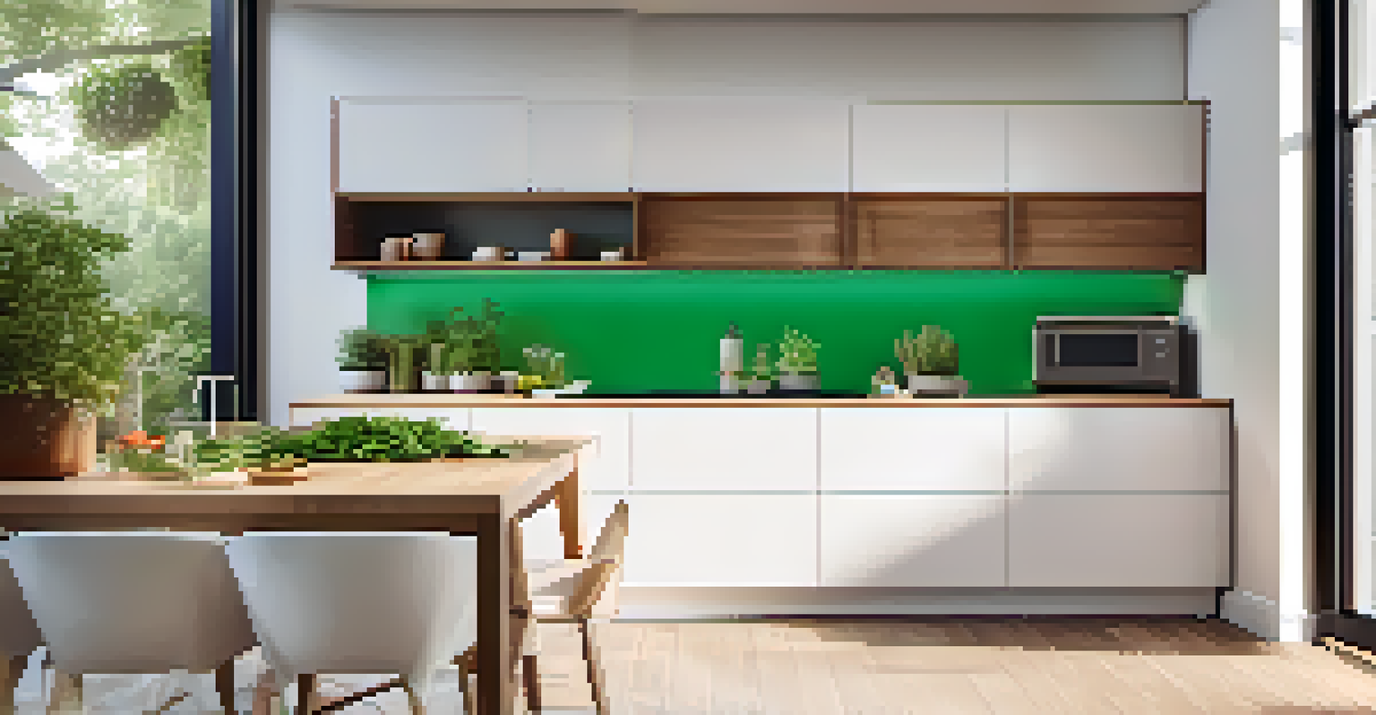 A modern kitchen with energy-efficient appliances, recycled countertops, and herbs on the windowsill, filled with natural light.