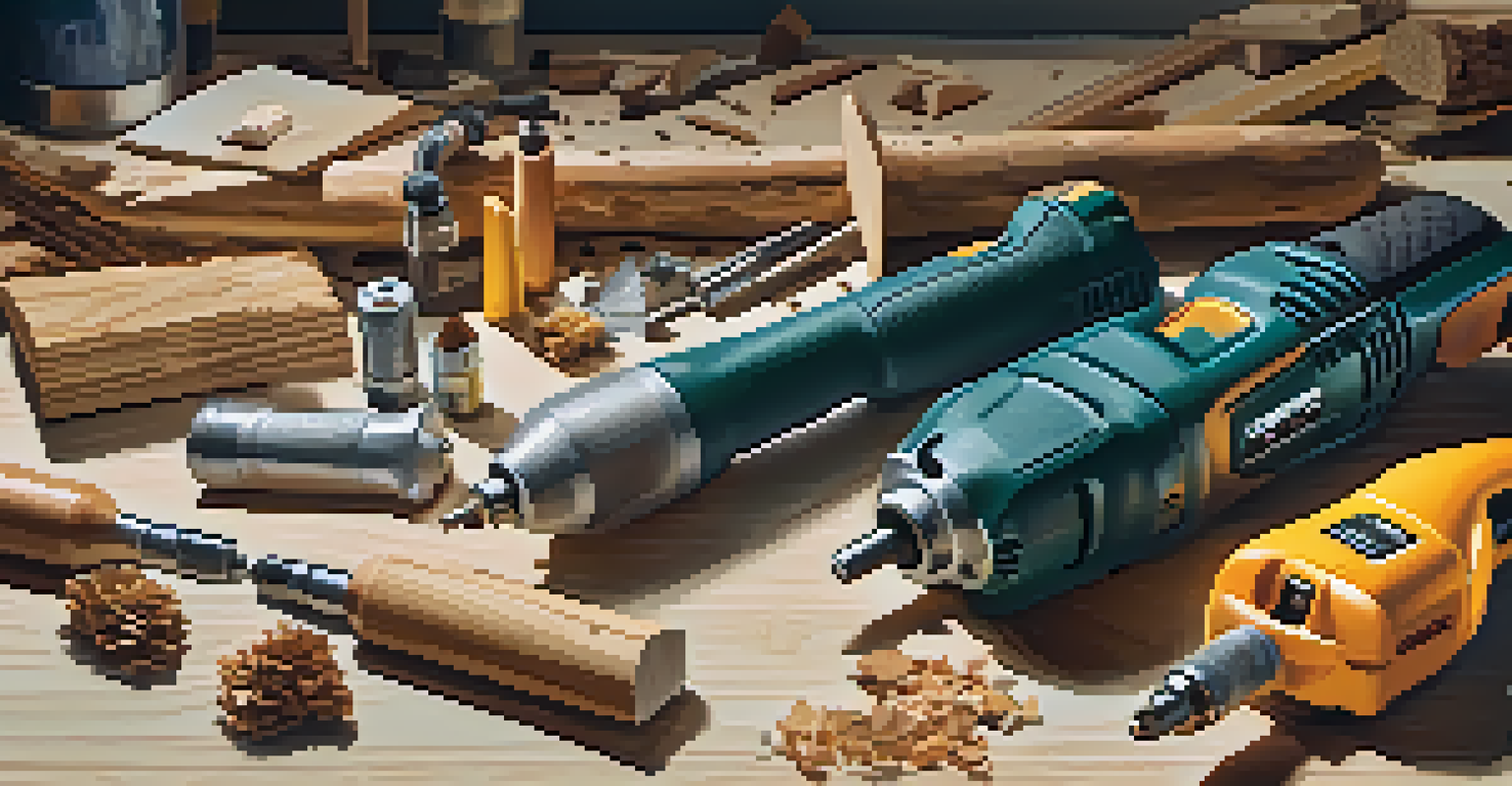 A cordless drill and power tools on a work table with wood shavings and lumber, under bright lighting.
