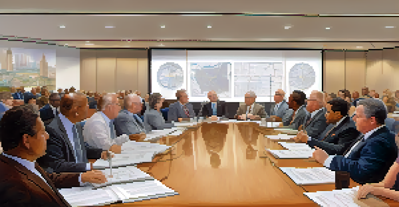 A city council meeting with diverse policymakers discussing zoning laws, surrounded by charts and maps.