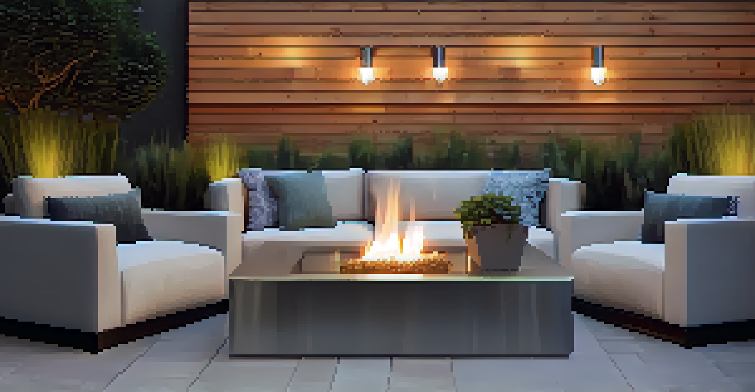 A contemporary eco-friendly bioethanol fire pit surrounded by minimalist seating and illuminated by lanterns in a vibrant backyard.