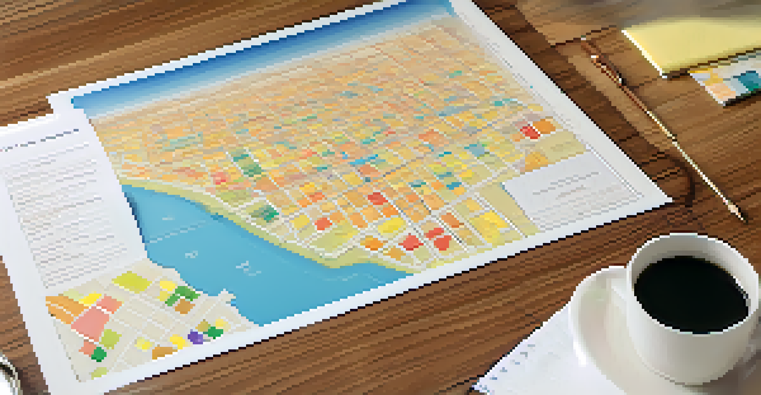 A detailed zoning map on a desk showing various colors for different zoning classifications, alongside a laptop and a notepad with notes.
