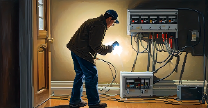 A home inspector looks into an electrical panel with a flashlight in a dim basement, surrounded by tools and exposed wires.