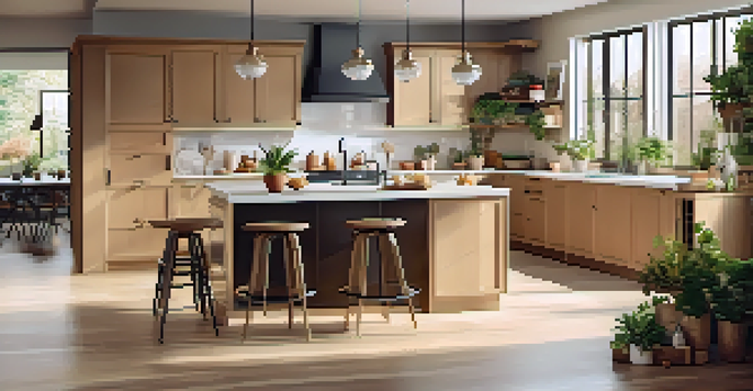 A modern kitchen with an island, natural light, and plants, emphasizing warmth and spaciousness.