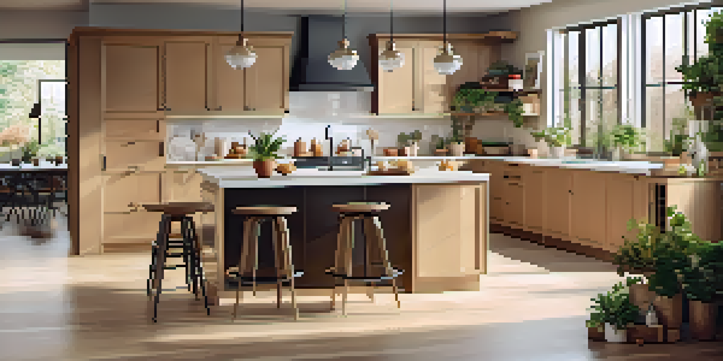 A modern kitchen with an island, natural light, and plants, emphasizing warmth and spaciousness.