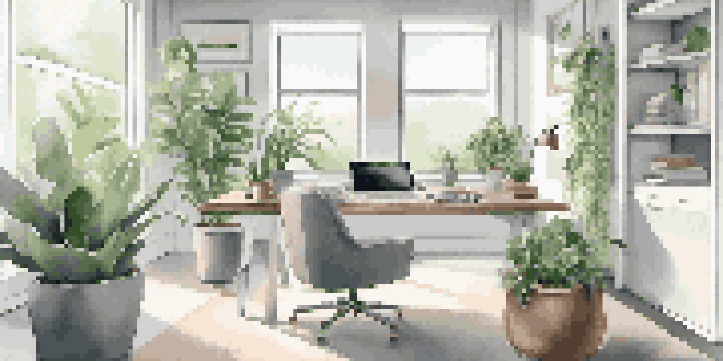 A bright and organized modern workspace with a laptop, plants, and stylish decor.