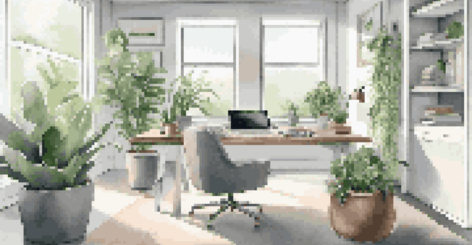 A bright and organized modern workspace with a laptop, plants, and stylish decor.