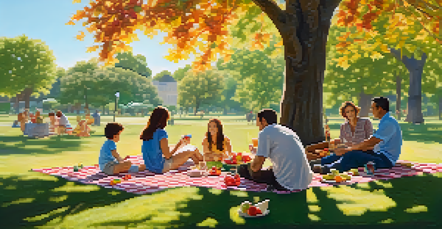 A joyful outdoor family picnic in a park, featuring a checkered blanket with food, family members playing games, and enjoying the sunny day.
