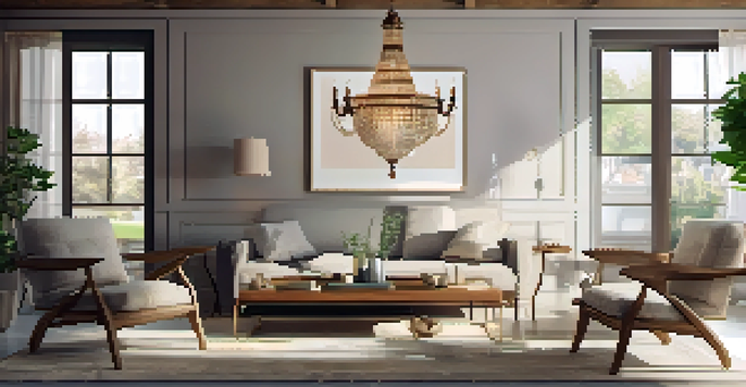 A vintage chandelier in a warm living room with a minimalist sofa and rustic coffee table, creating a cozy atmosphere.