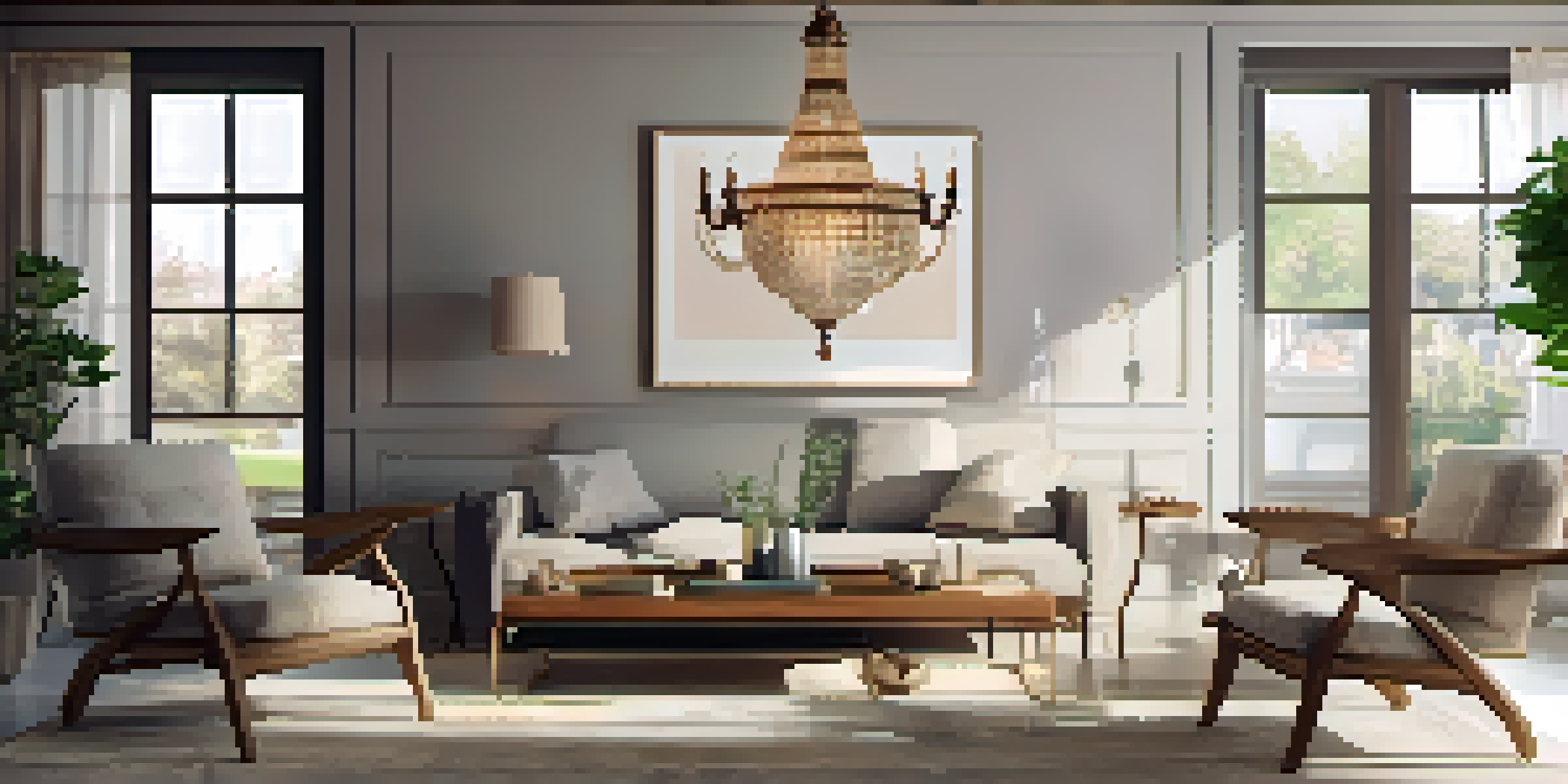 A vintage chandelier in a warm living room with a minimalist sofa and rustic coffee table, creating a cozy atmosphere.