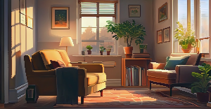 An elderly person in a cozy living room speaking to a voice assistant, with soft lighting and warm decor.