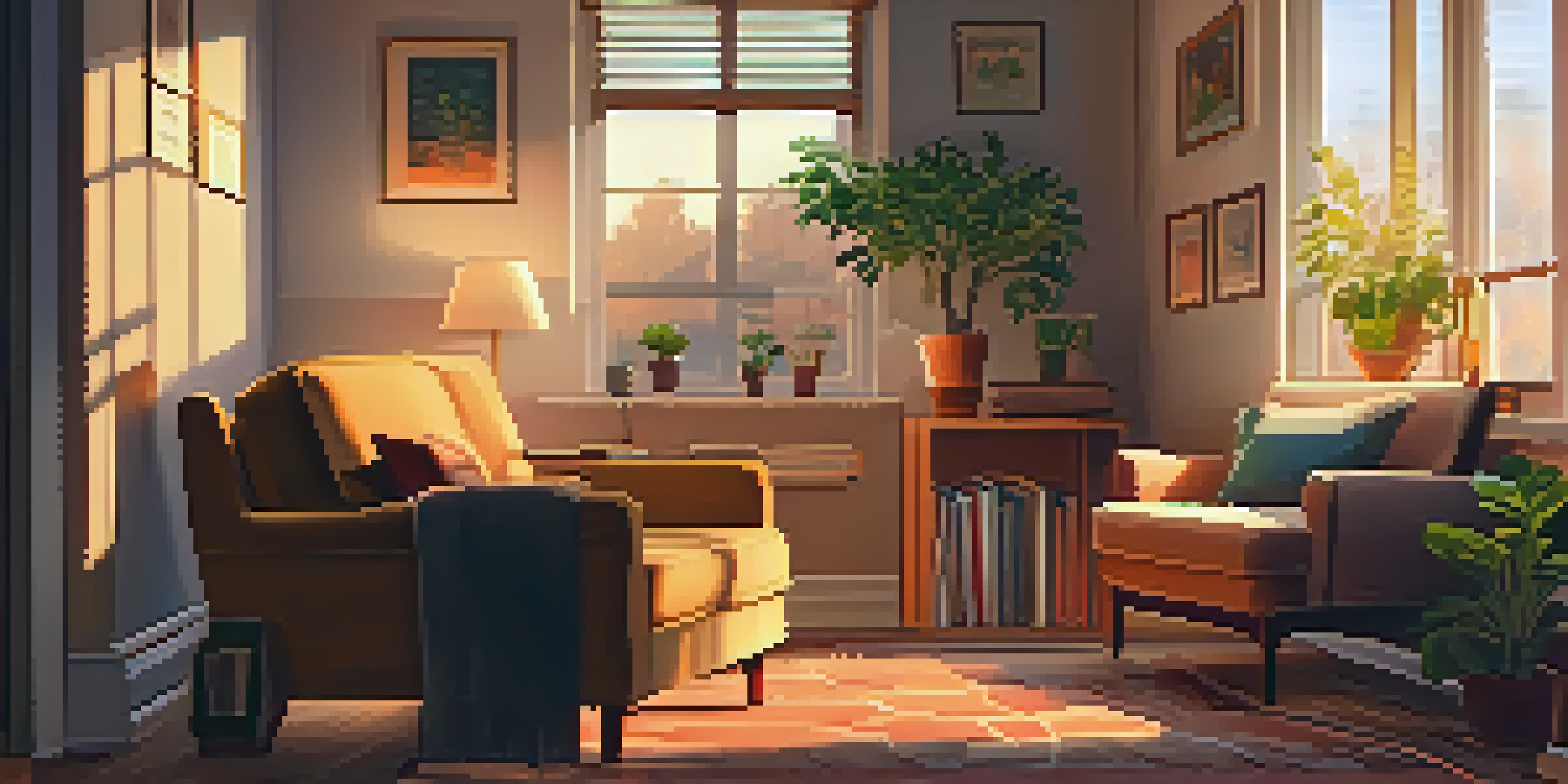 An elderly person in a cozy living room speaking to a voice assistant, with soft lighting and warm decor.