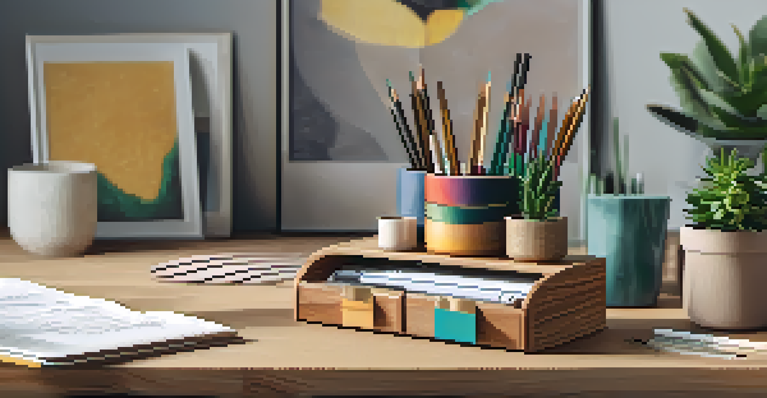 A close-up of a designer desk organizer made of wood, featuring colorful stationery and a small plant on a stylish desk.