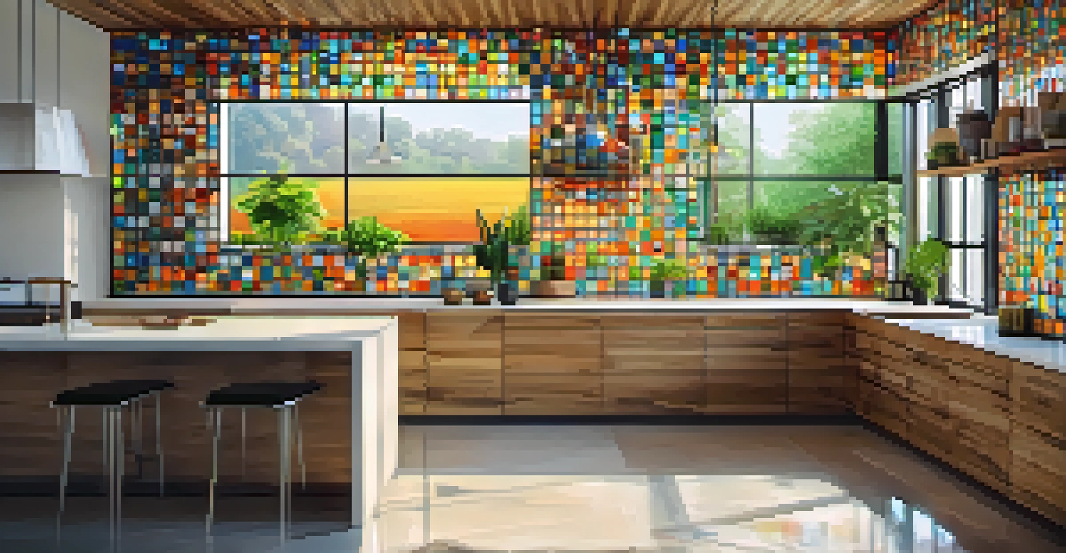 A modern kitchen with recycled glass bottle tiles, large windows, and eco-friendly wooden cabinets.