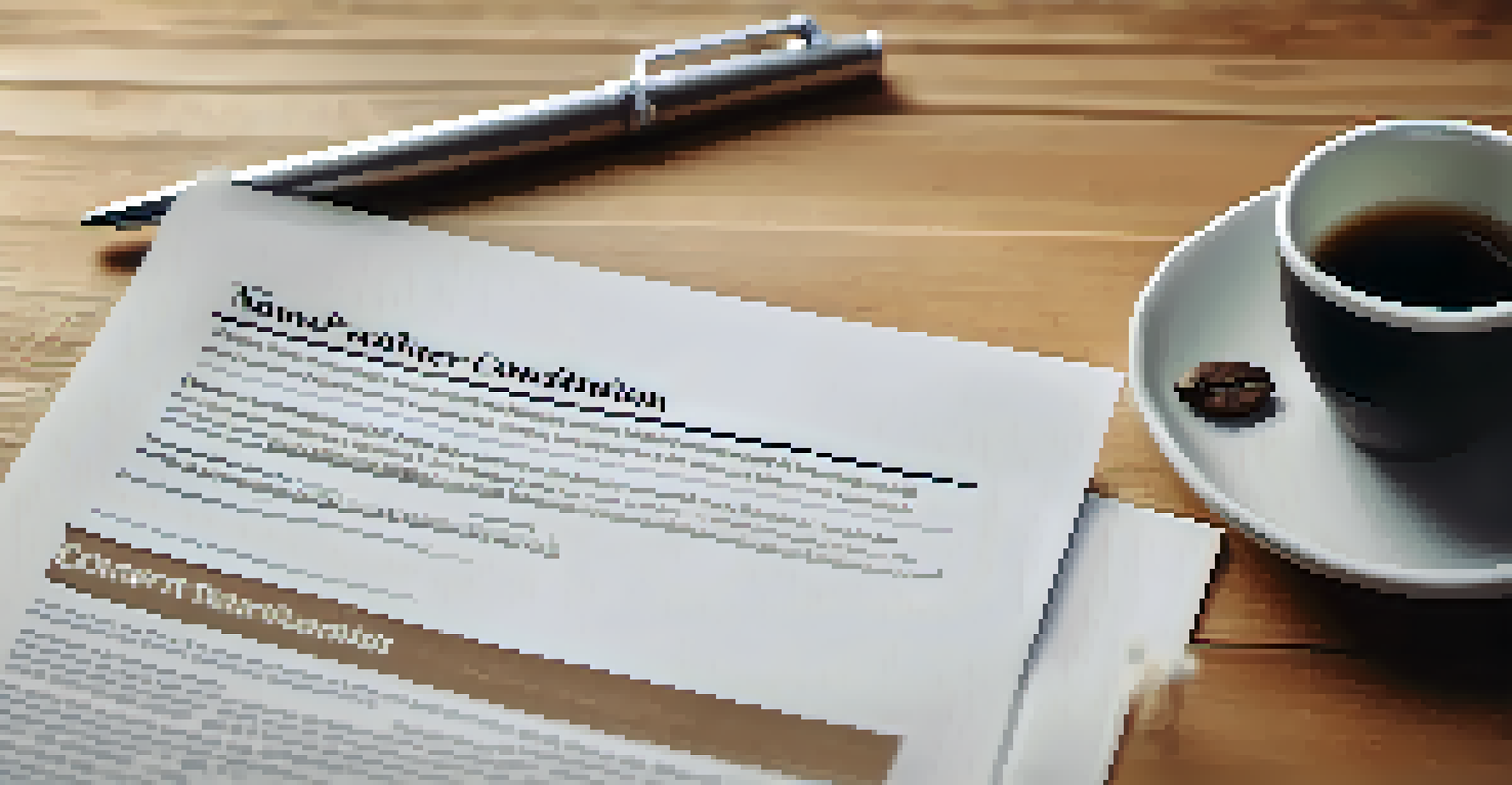 A close-up of a home warranty contract on a wooden table with a pen and coffee mug in the background.