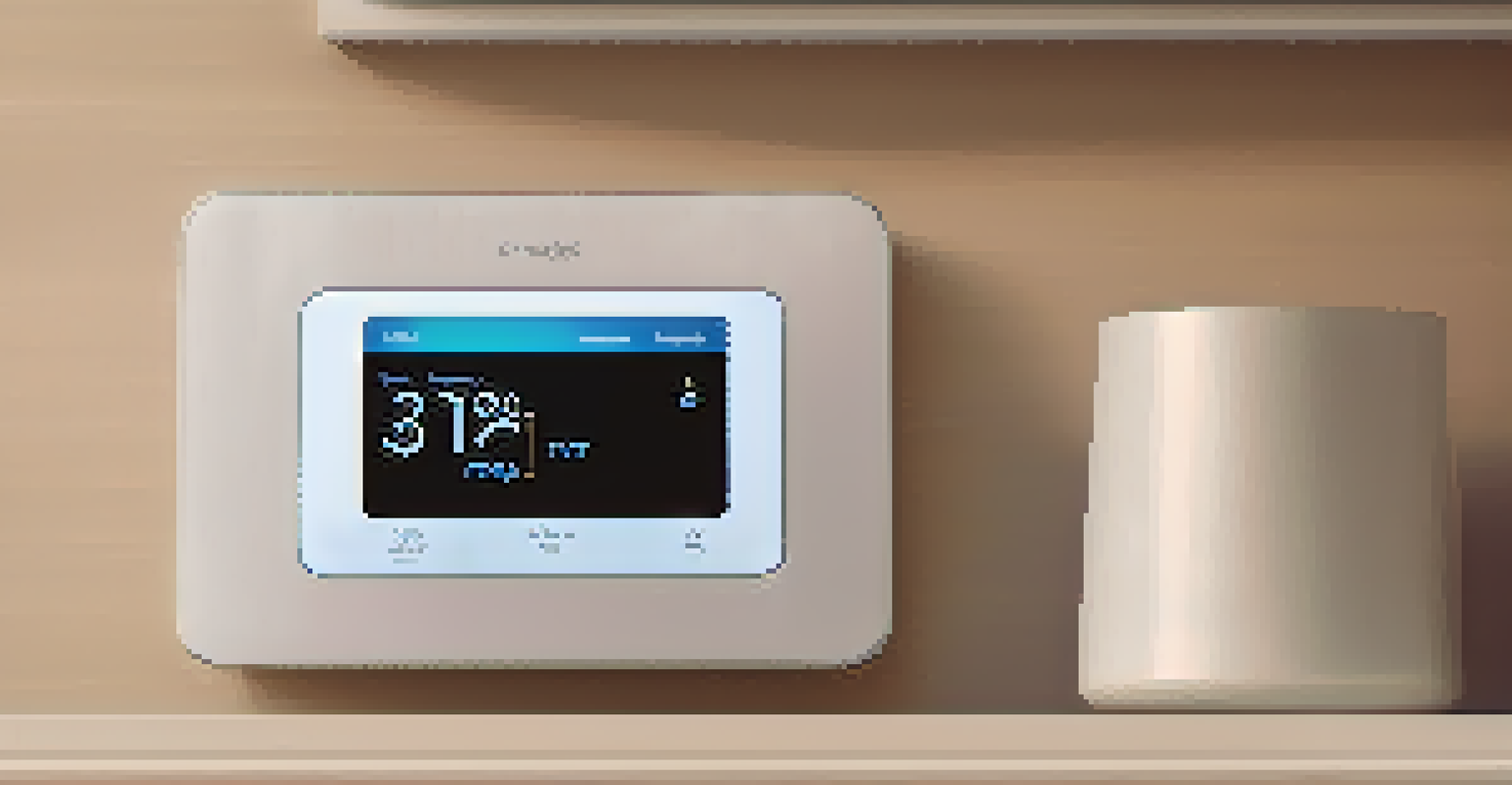 A close-up of a sleek smart thermostat on a wall, with a modern living space visible in the background.