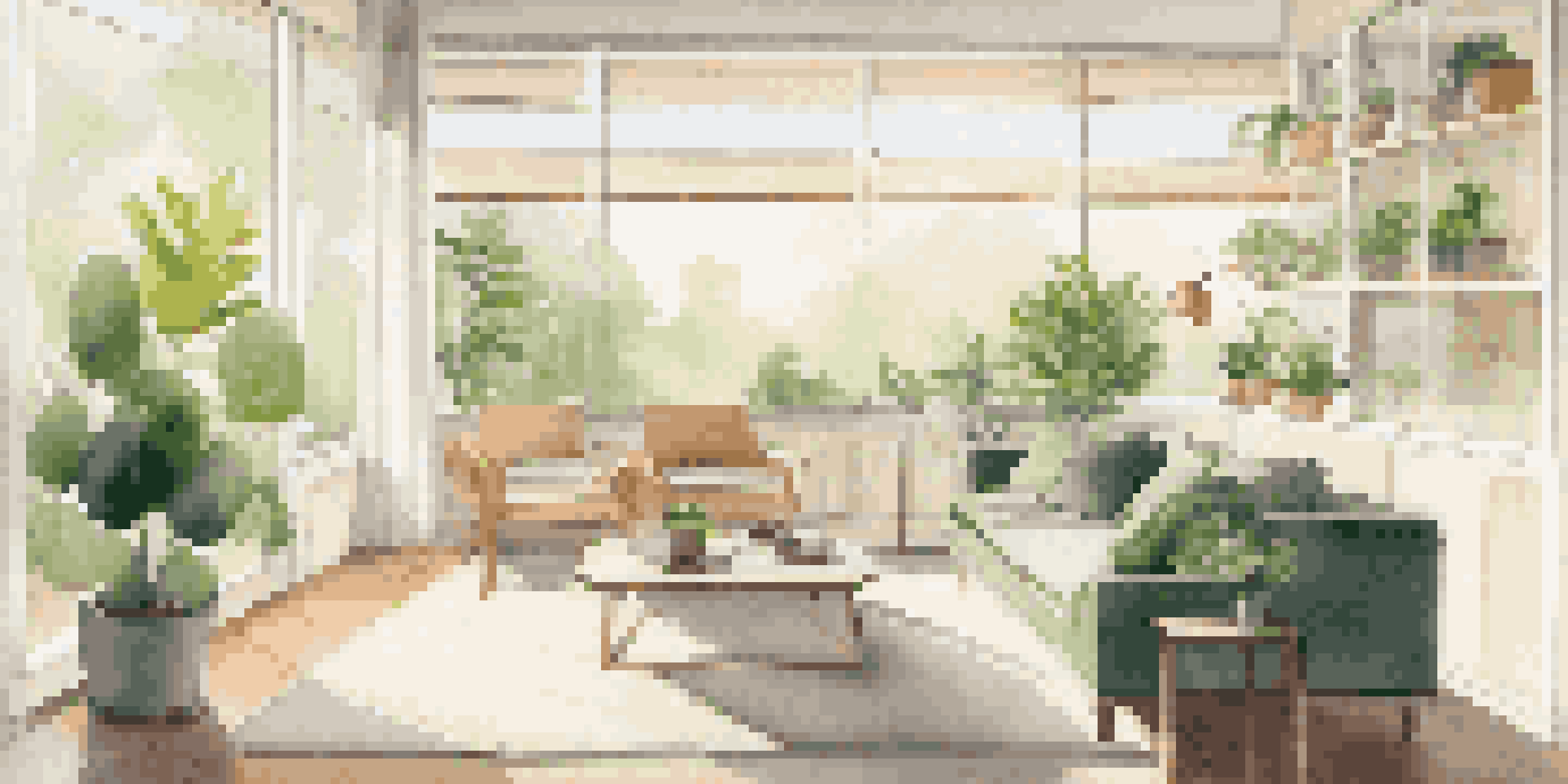 A contemporary living room featuring automated window shades that let in natural light, with smart home technology visible in the decor.
