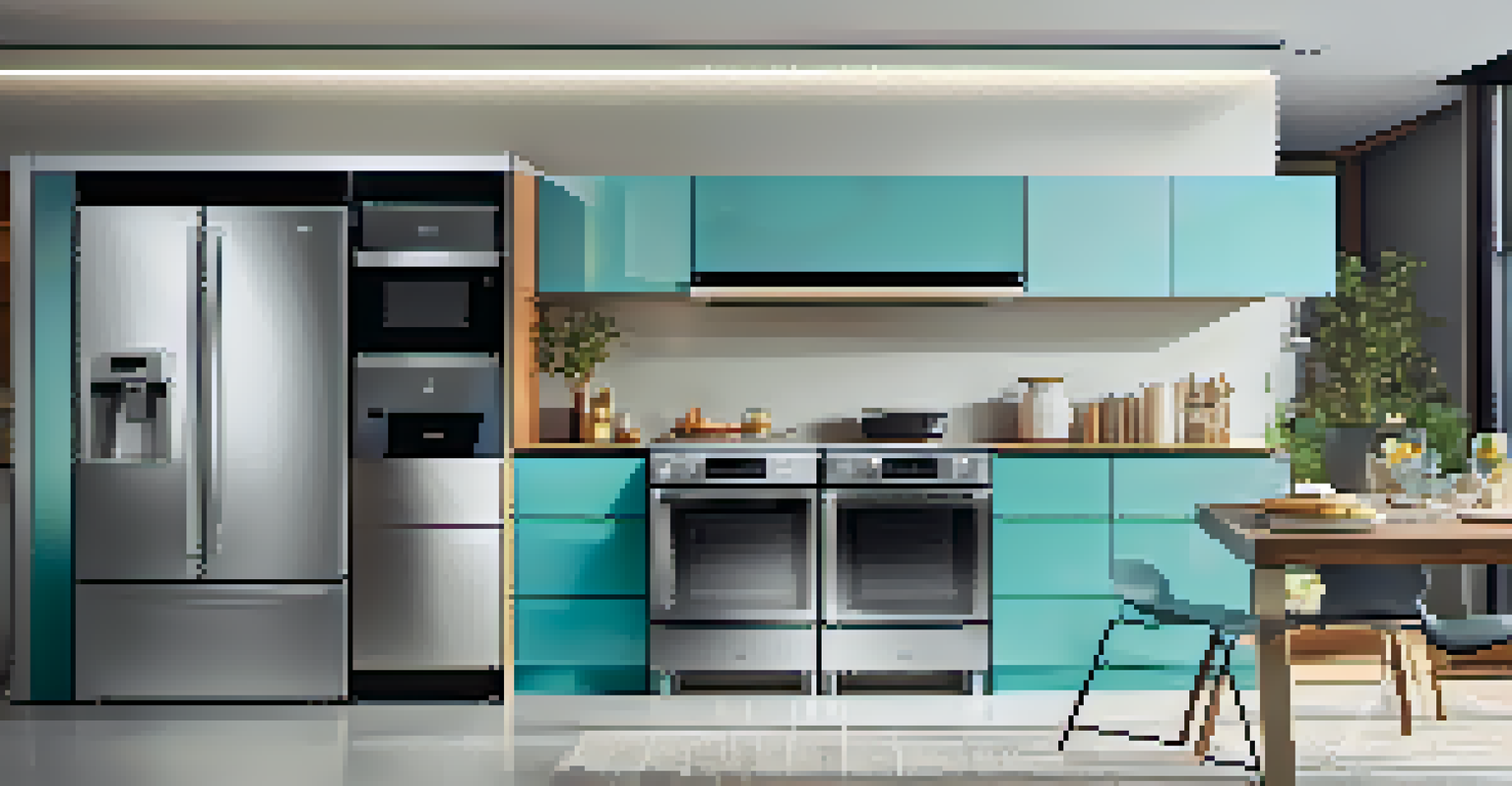 A modern kitchen equipped with smart appliances like a refrigerator, oven, and washing machine.