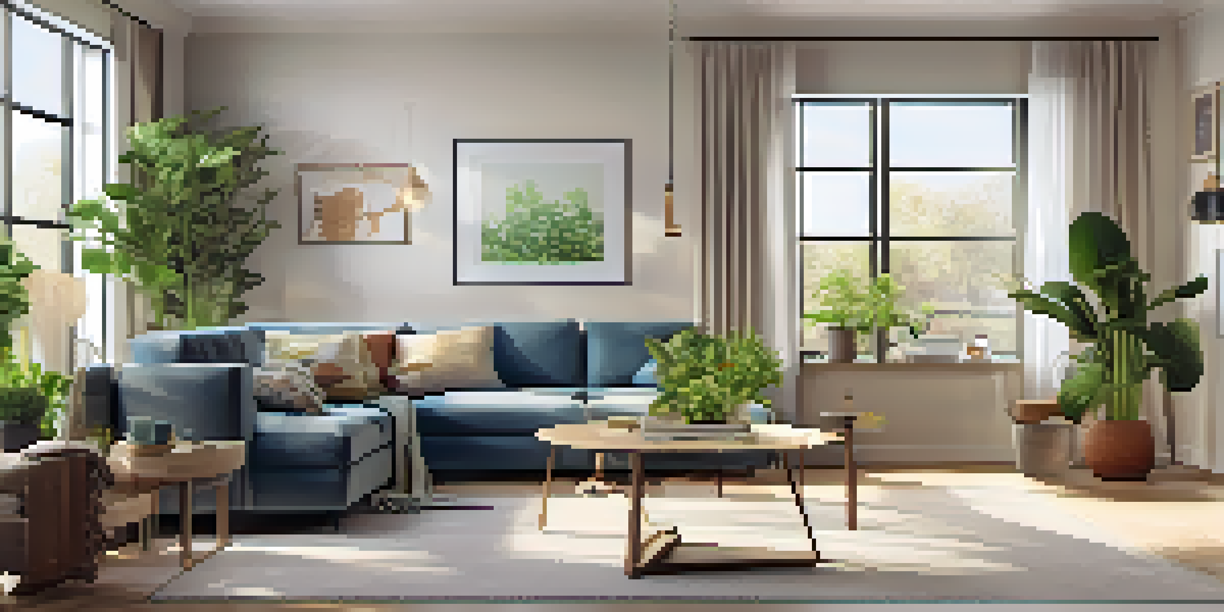 A bright and modern living room with a tablet displaying smart home energy management controls, surrounded by smart appliances and green plants.