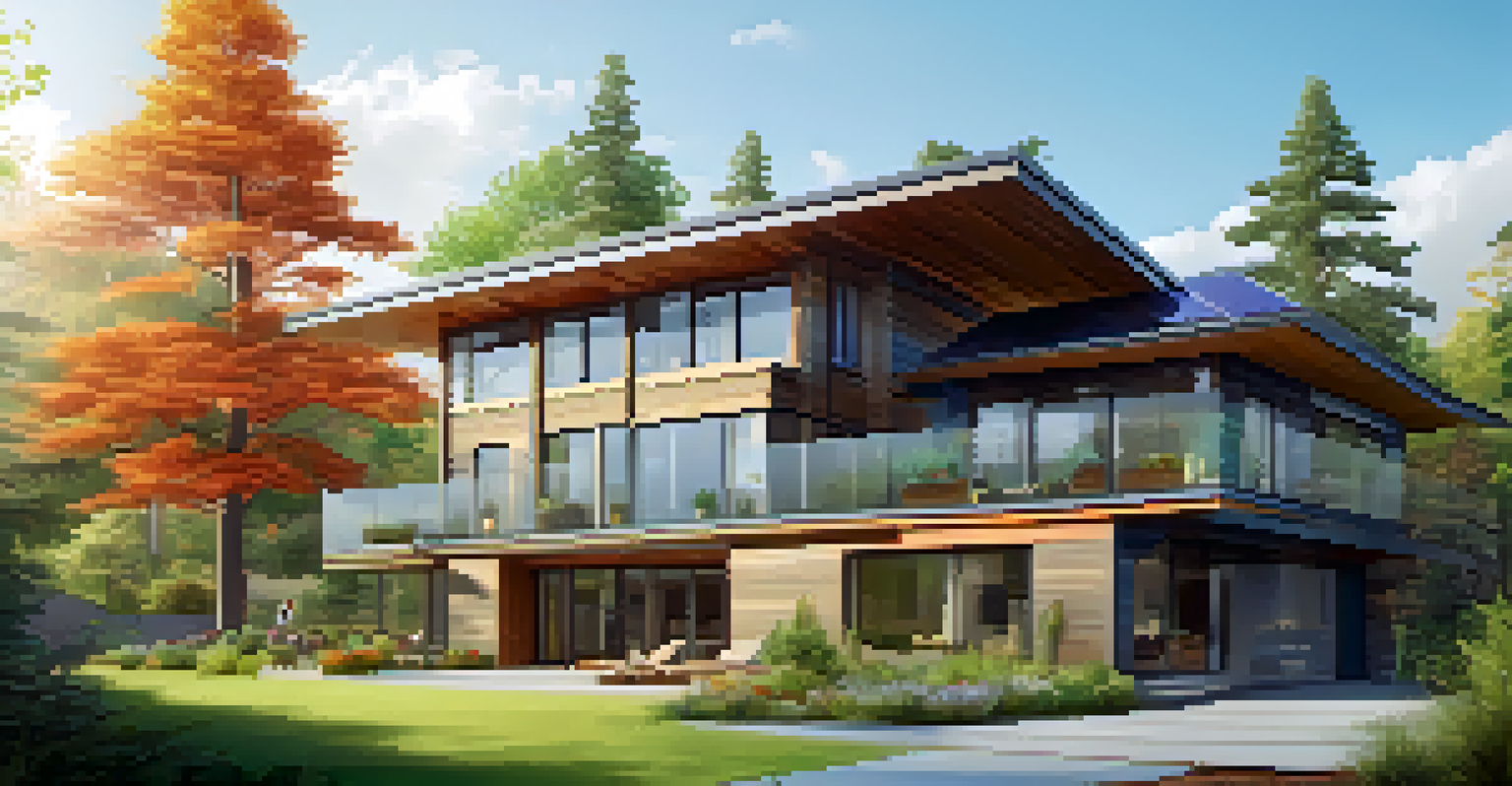 An eco-friendly home with solar panels and a vegetable garden, surrounded by nature and bright natural light.