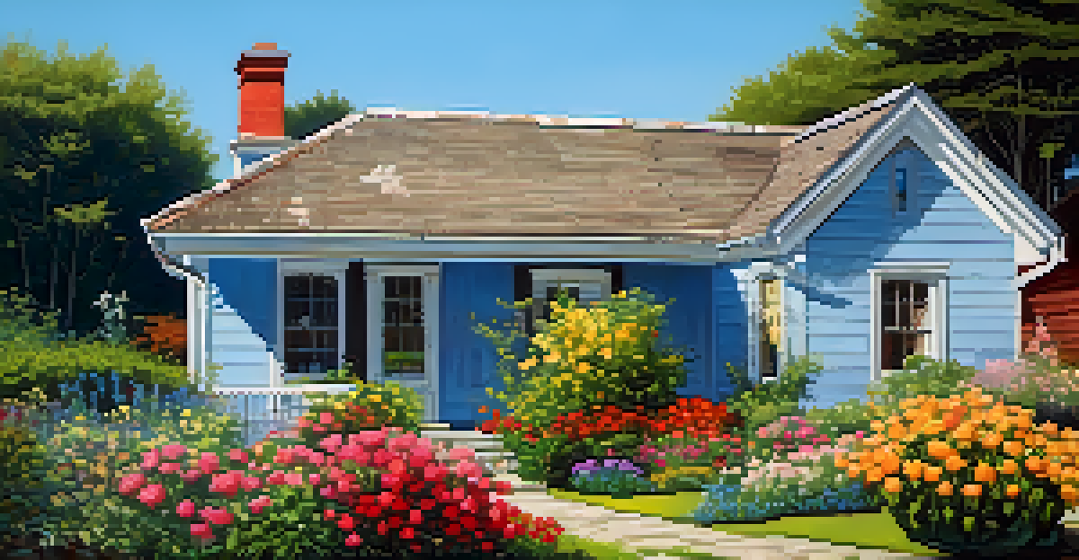 A house with a damaged roof and a well-maintained garden, showcasing the contrast between the roof's wear and the vibrant flowers.