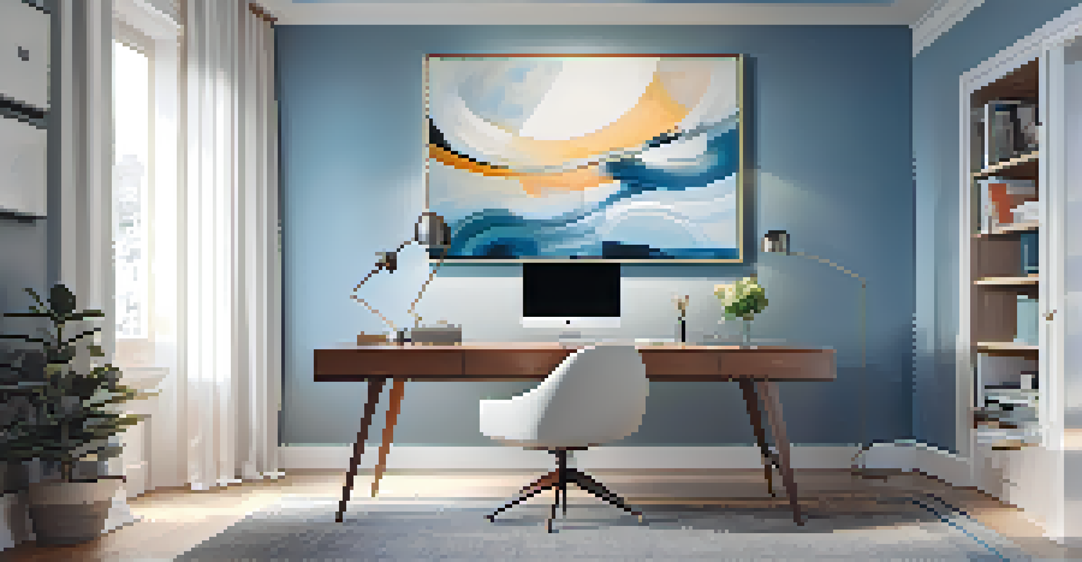 A modern home office with a desk lamp on a minimalist desk, ambient light from a window, and accent lighting on abstract art.