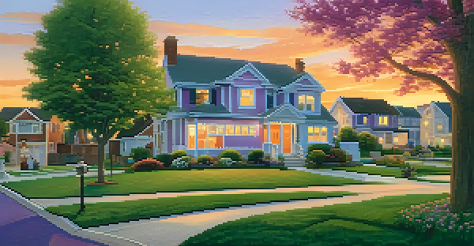 A suburban neighborhood during sunset with colorful houses and a family enjoying the outdoors.