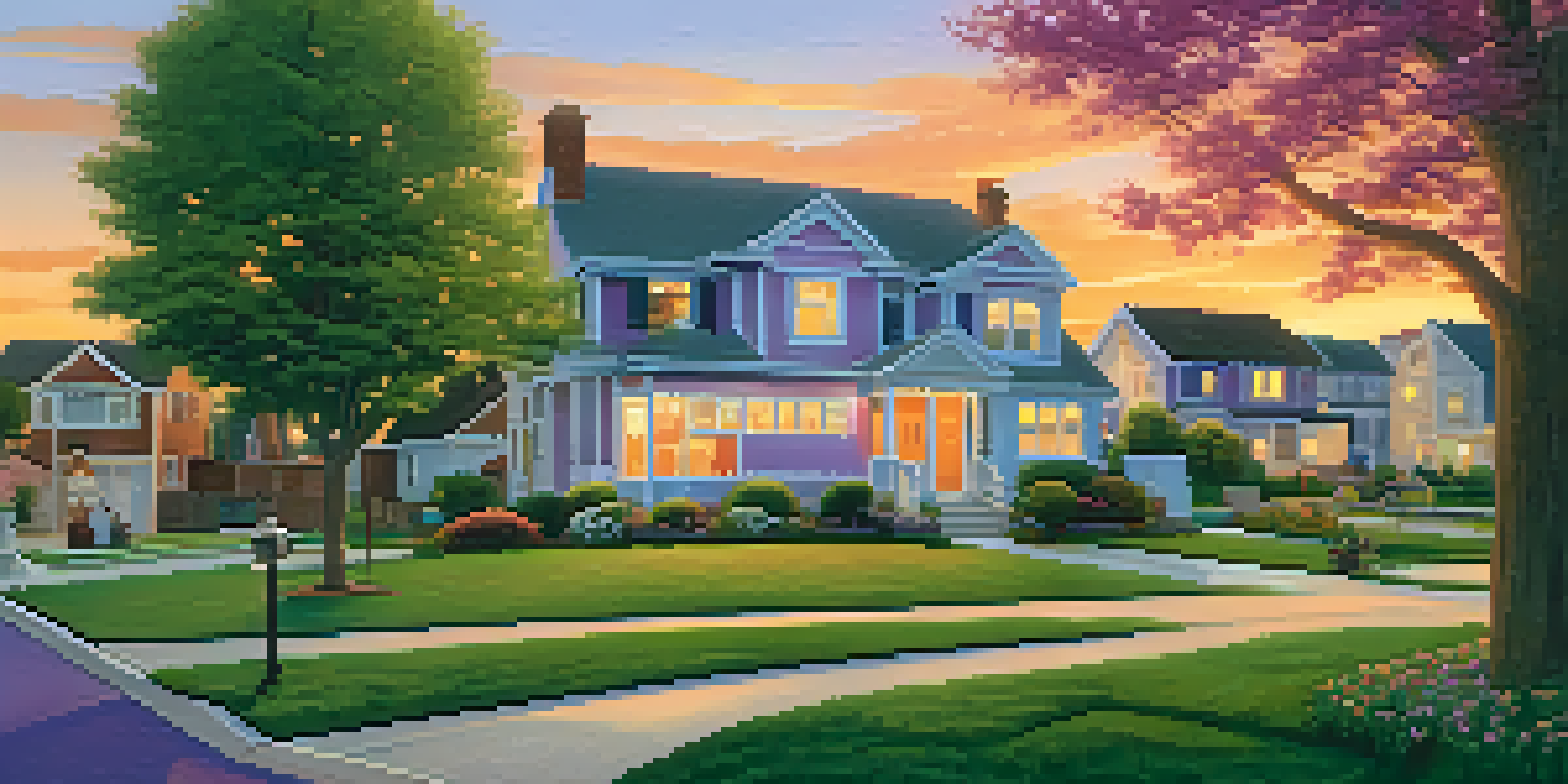 A suburban neighborhood during sunset with colorful houses and a family enjoying the outdoors.