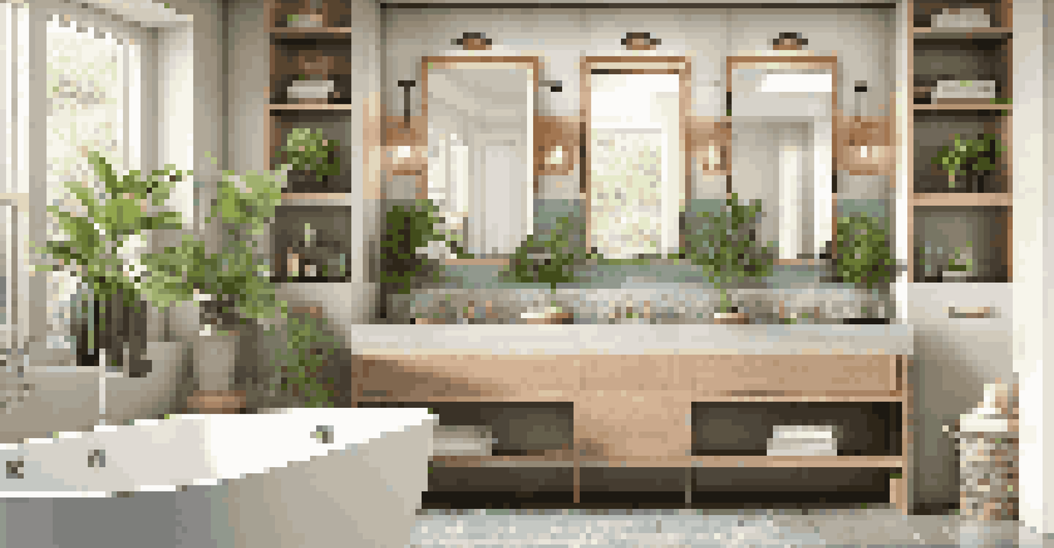 A luxurious bathroom with modern fixtures, calming colors, and soft lighting, designed to feel like a spa retreat.