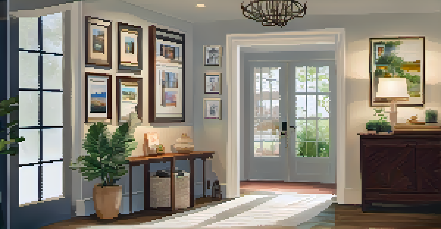 A cozy entryway with a gallery wall of photos, soft lighting from a chandelier, and a potted plant on a console table.