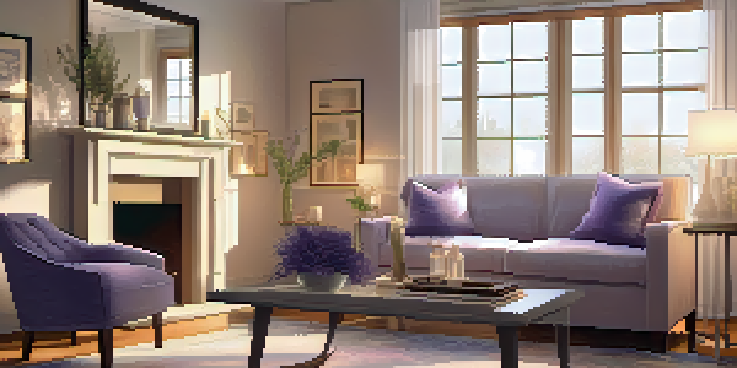 A warm and inviting living room with candles, soft furniture, and fresh lavender, illuminated by sunlight.