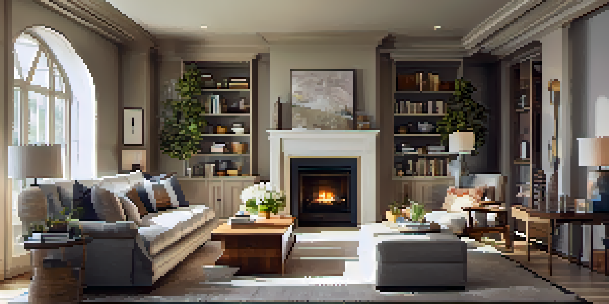 A bright living room with a fireplace and comfortable furniture arranged to encourage conversation, filled with natural light.