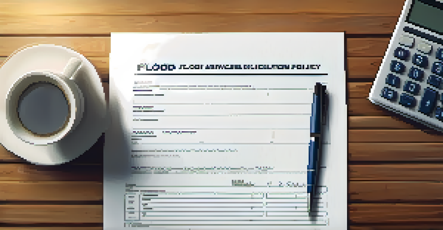A close-up of a flood insurance policy document on a wooden desk with a calculator and coffee.