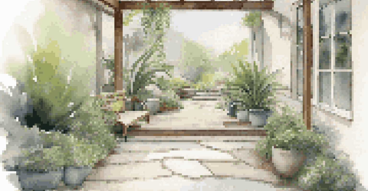 A tranquil entryway featuring a wooden bench, live plants, and a stone pathway that connects to the outdoors.