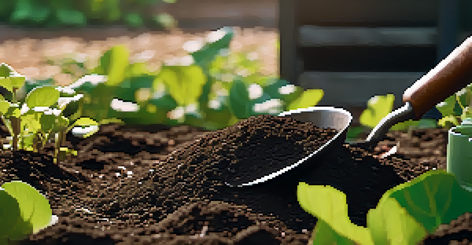 A close-up of dark soil being enriched with compost and organic matter, with garden tools present and sunlight filtering through leaves.
