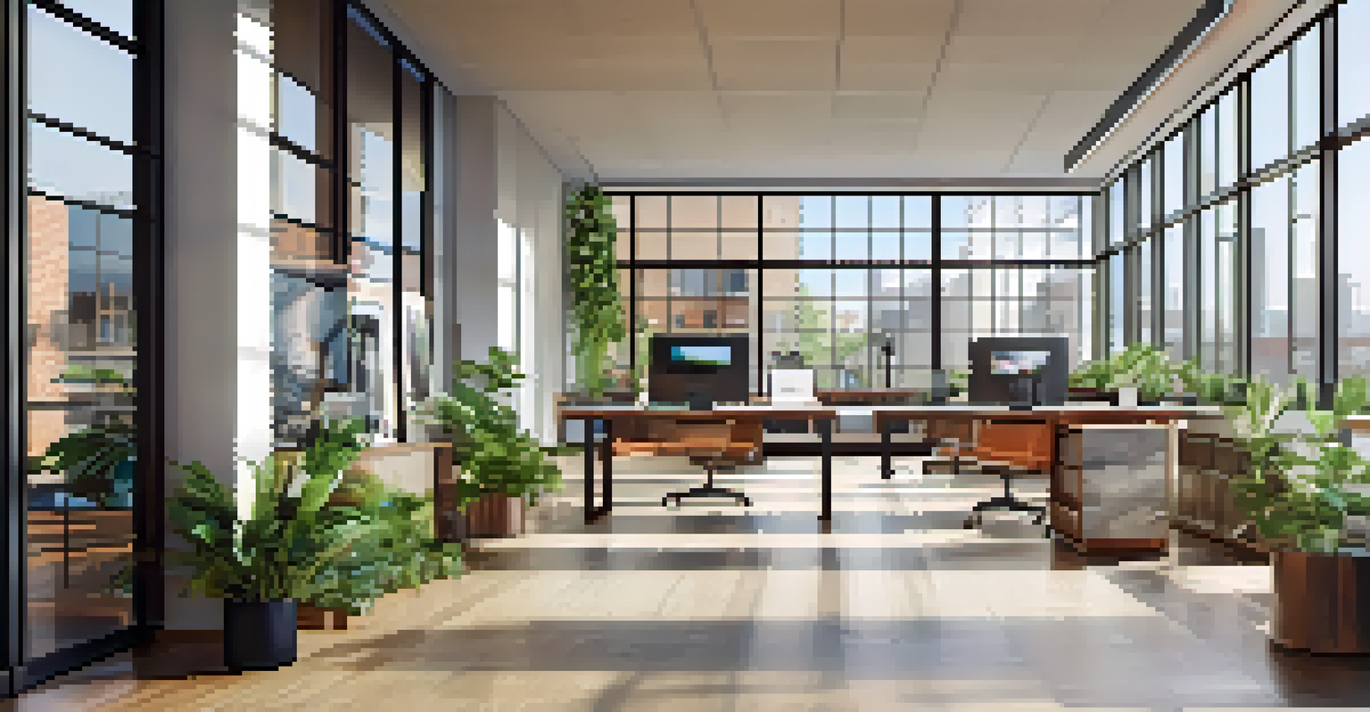 A modern office space within a mixed-use property, filled with natural light and stylish furnishings, overlooking a lively street.