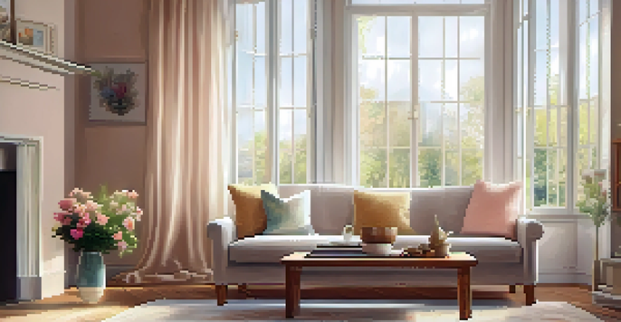A cozy living room with a sofa, coffee table, and natural light coming through a window.