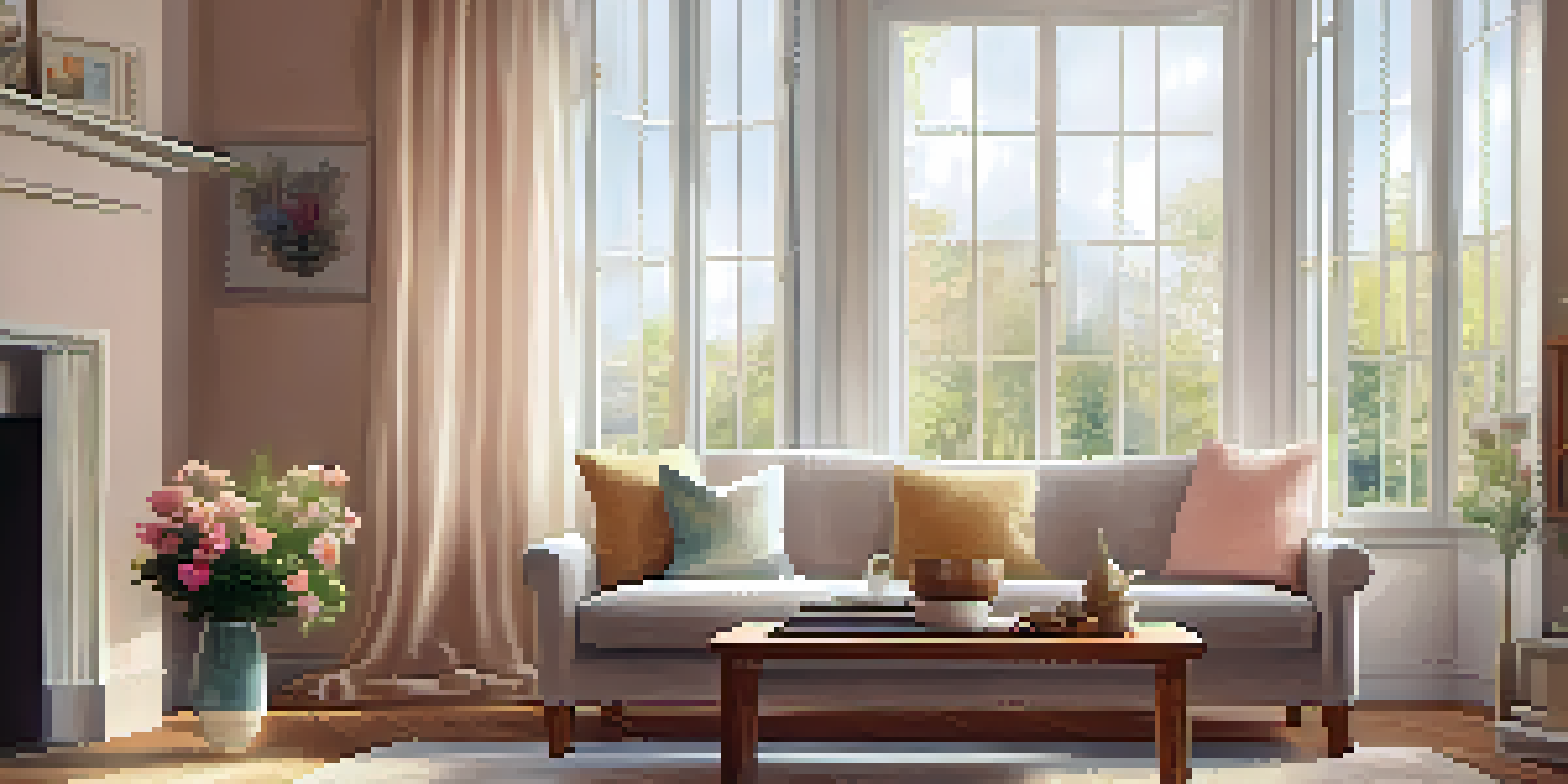 A cozy living room with a sofa, coffee table, and natural light coming through a window.