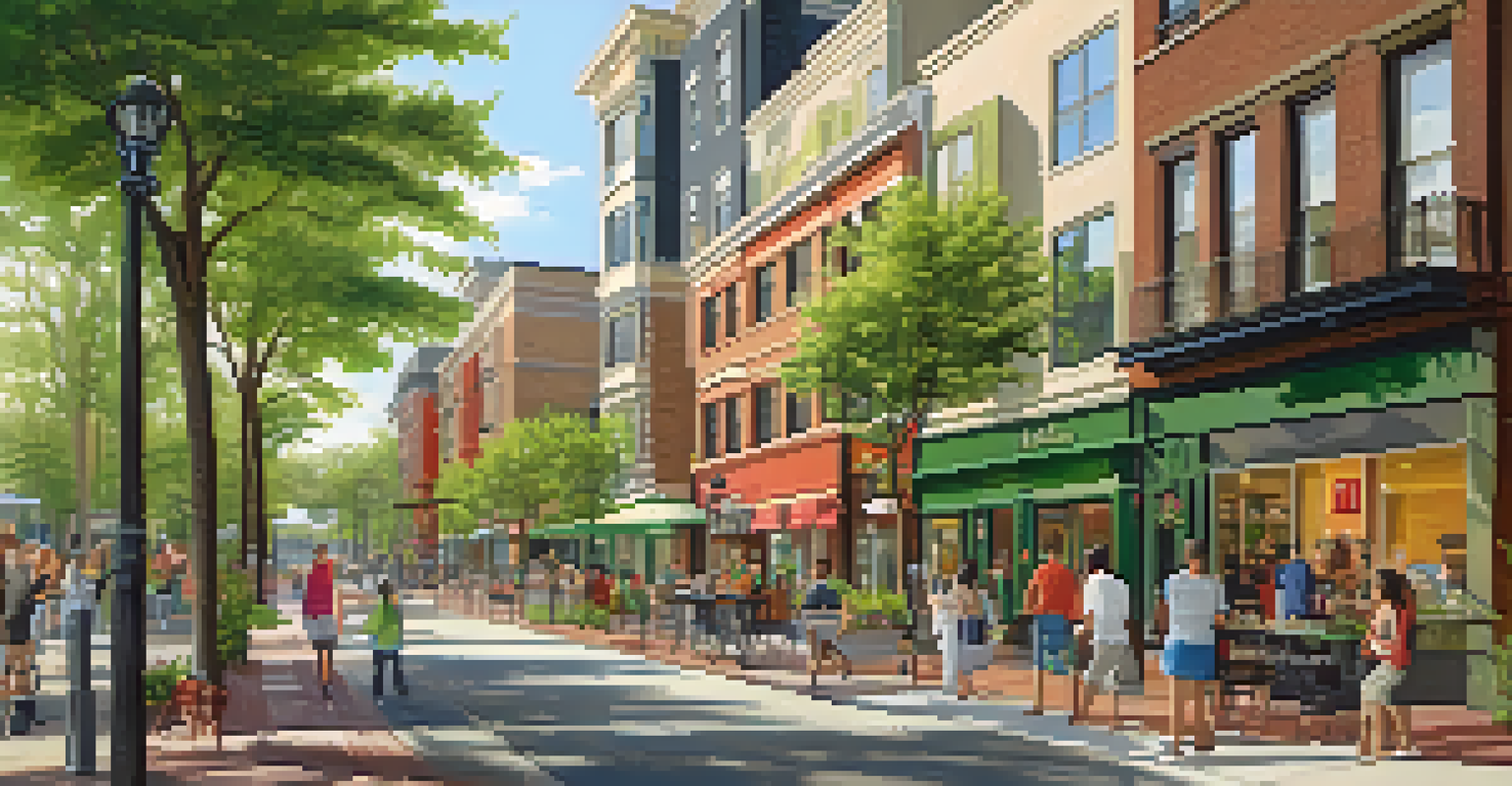 A lively neighborhood streetscape with mixed-use buildings, shops, and residences, showcasing a vibrant and pedestrian-friendly environment.