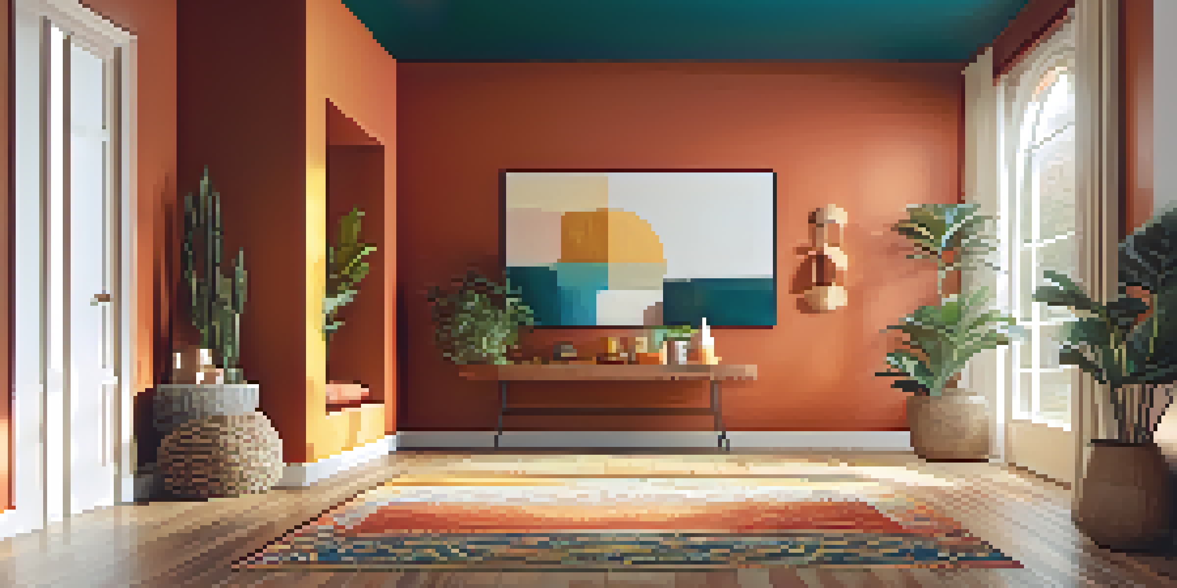 An entryway with warm red and orange walls, a stylish mirror, a console table with decorative accents, and natural light coming in from a window.
