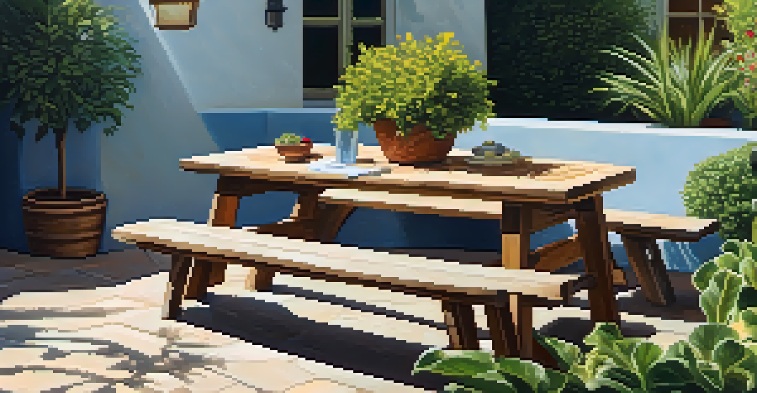 An outdoor patio made of locally sourced stone with potted plants and a wooden picnic table, surrounded by a lush garden.