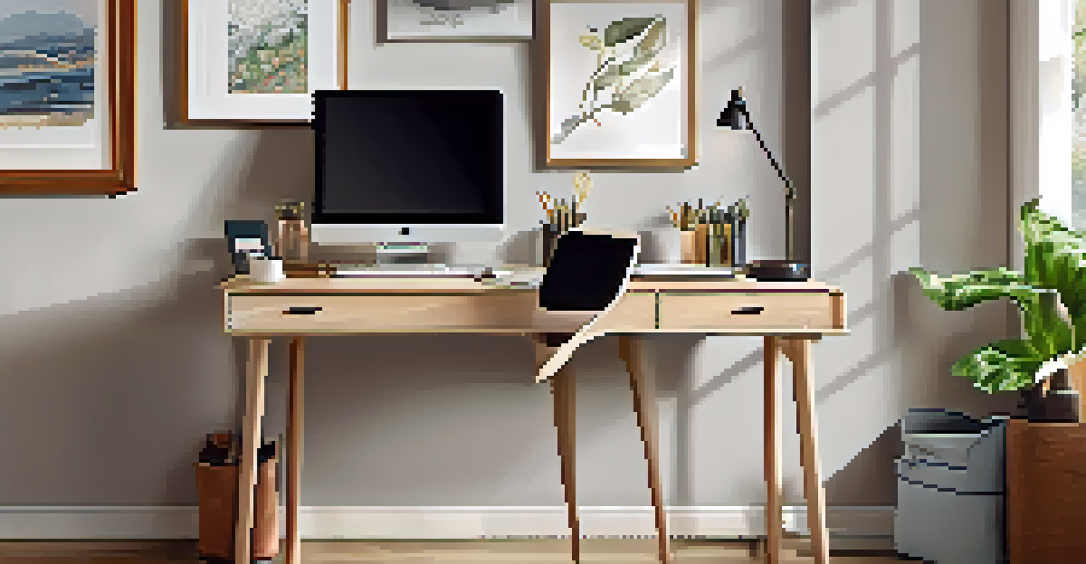 A home office with a height-adjustable desk, laptop, and ergonomic chair, featuring soft ambient lighting and framed artwork.