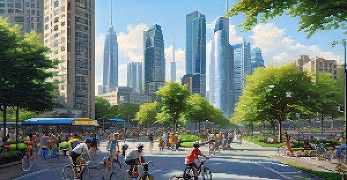 A busy city scene with modern buildings, roads, parks, and people enjoying outdoor activities.