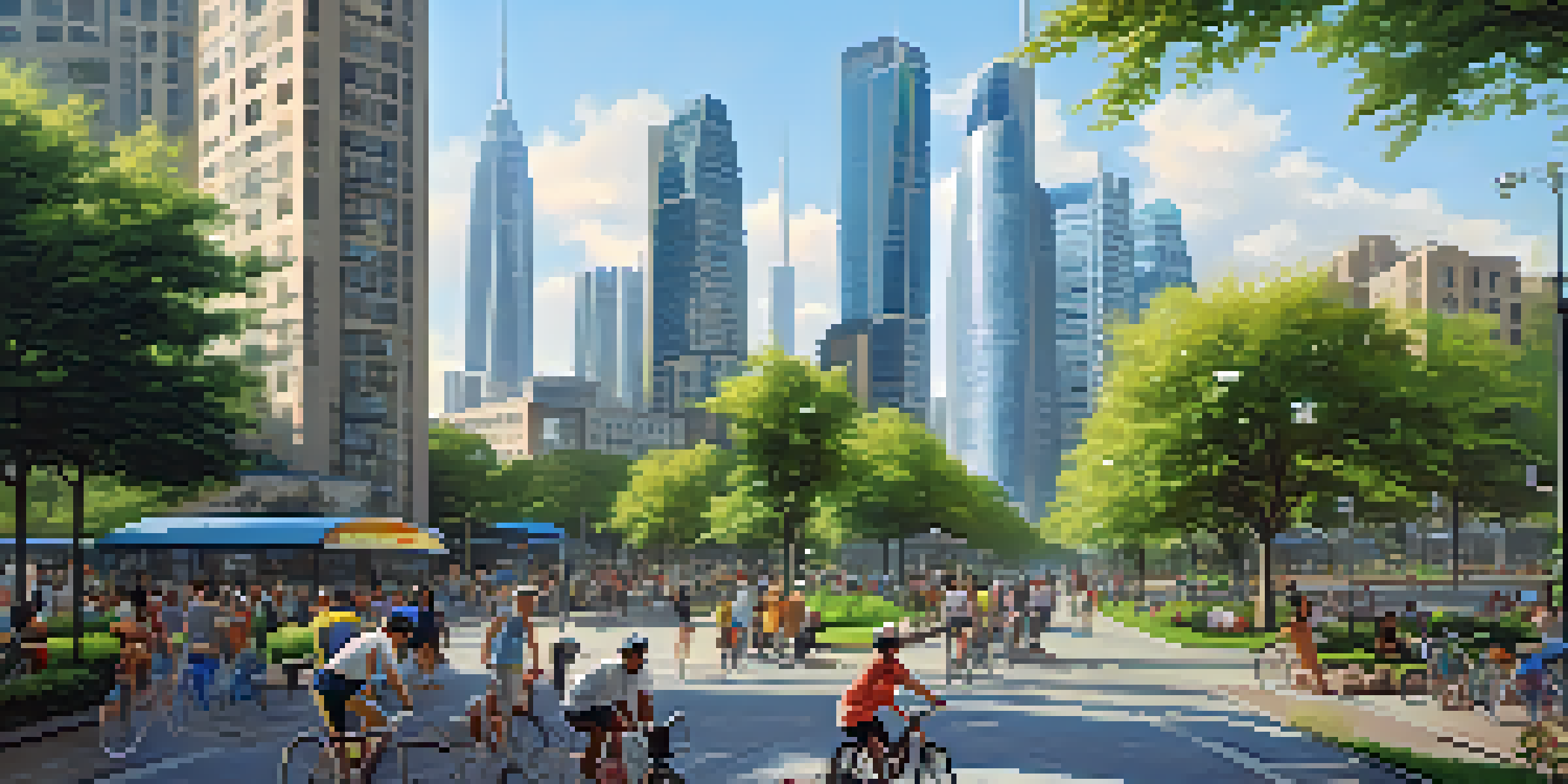 A busy city scene with modern buildings, roads, parks, and people enjoying outdoor activities.