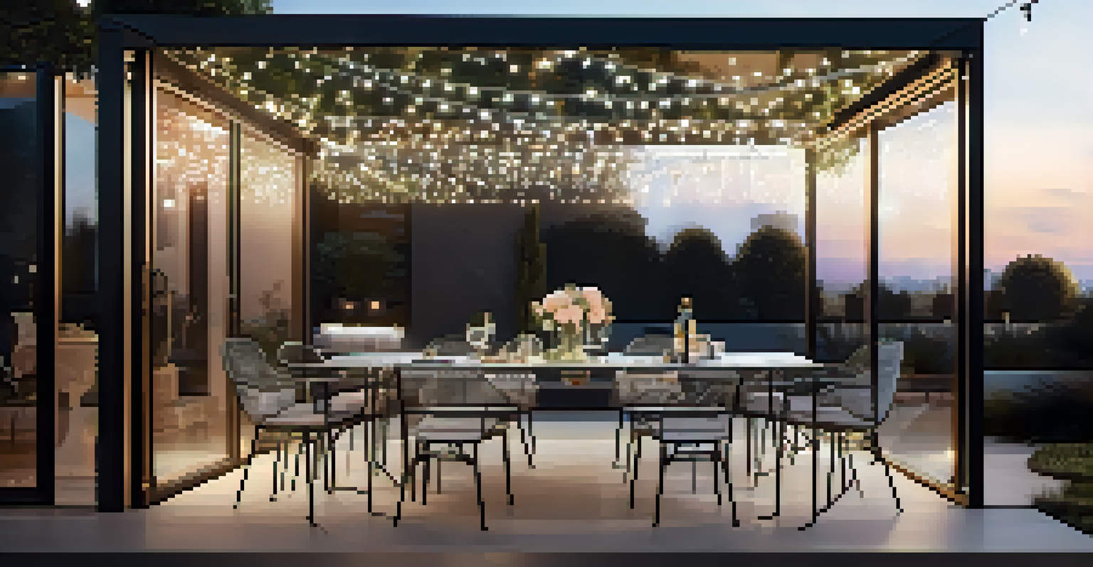 A modern metal dining set with aluminum chairs and a glass table under fairy lights.