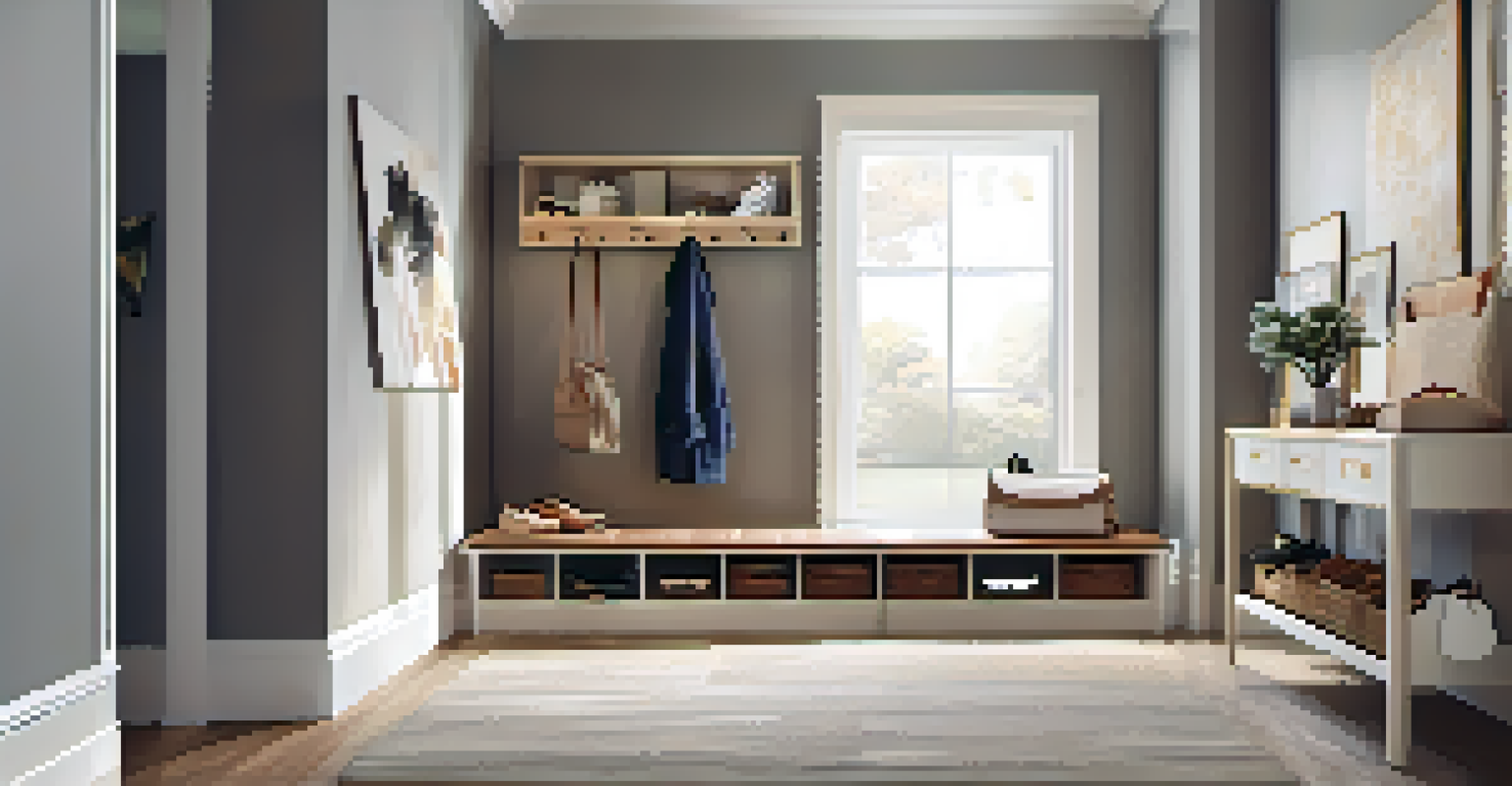 An organized entryway with multi-functional furniture including a storage bench and a decorative mirror.
