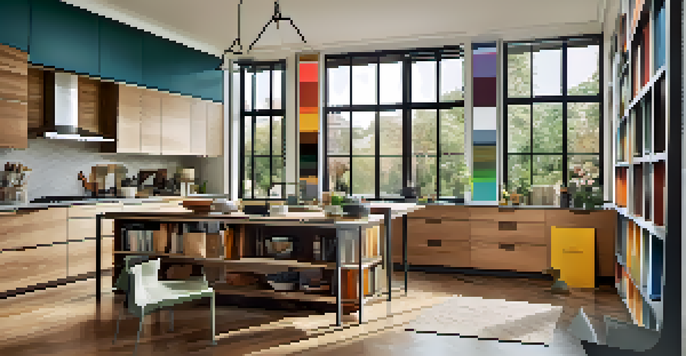 A bright and organized kitchen renovation workspace with modern design elements and natural light.